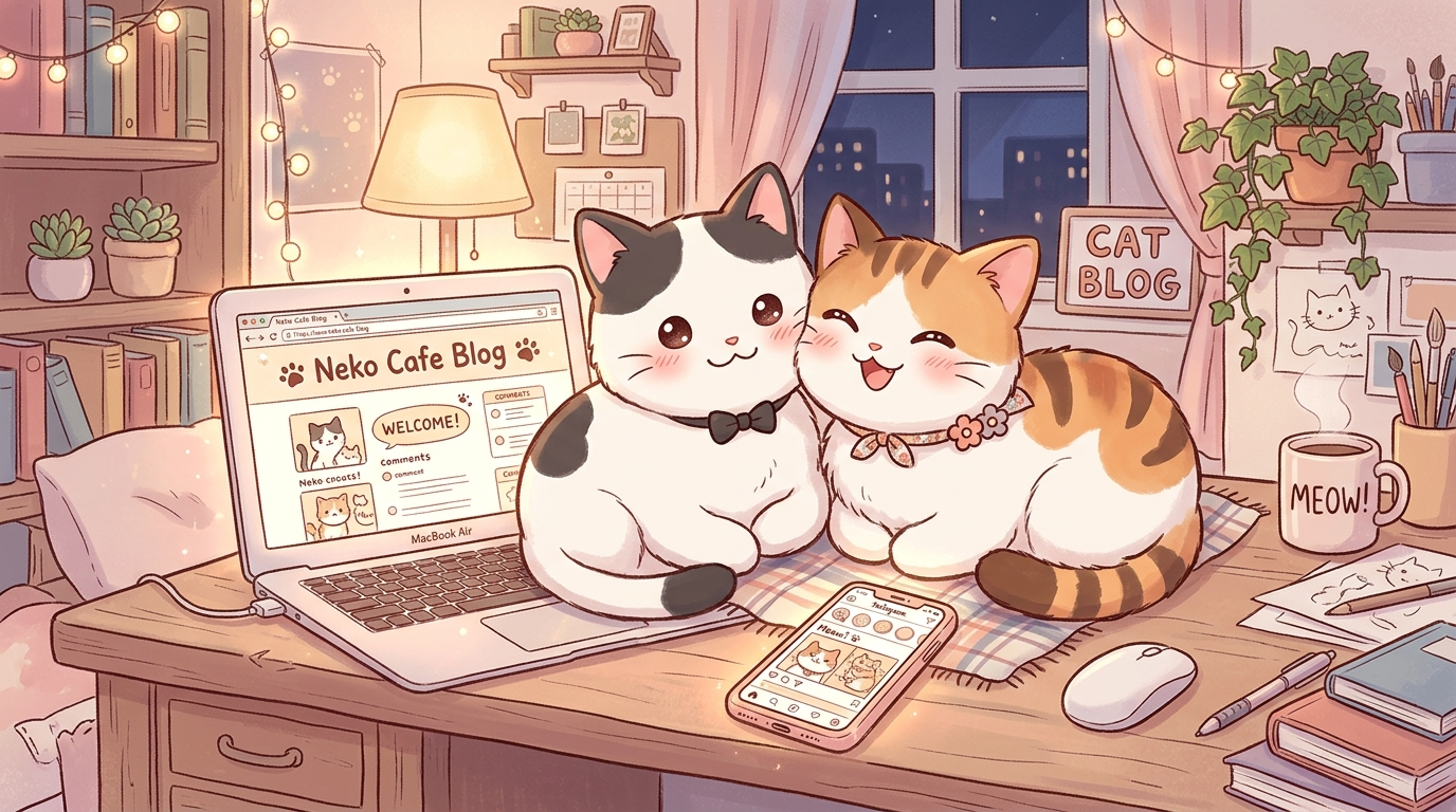 白黒猫サスケと白茶猫チャコがラップトップの前に座っている可愛いイラスト