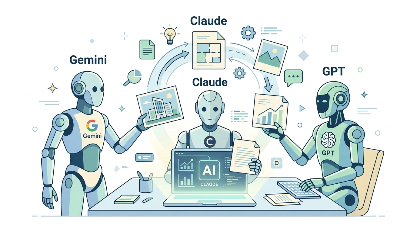 Gemini・Claude・GPTのロボットが机を囲んで作業するイラスト