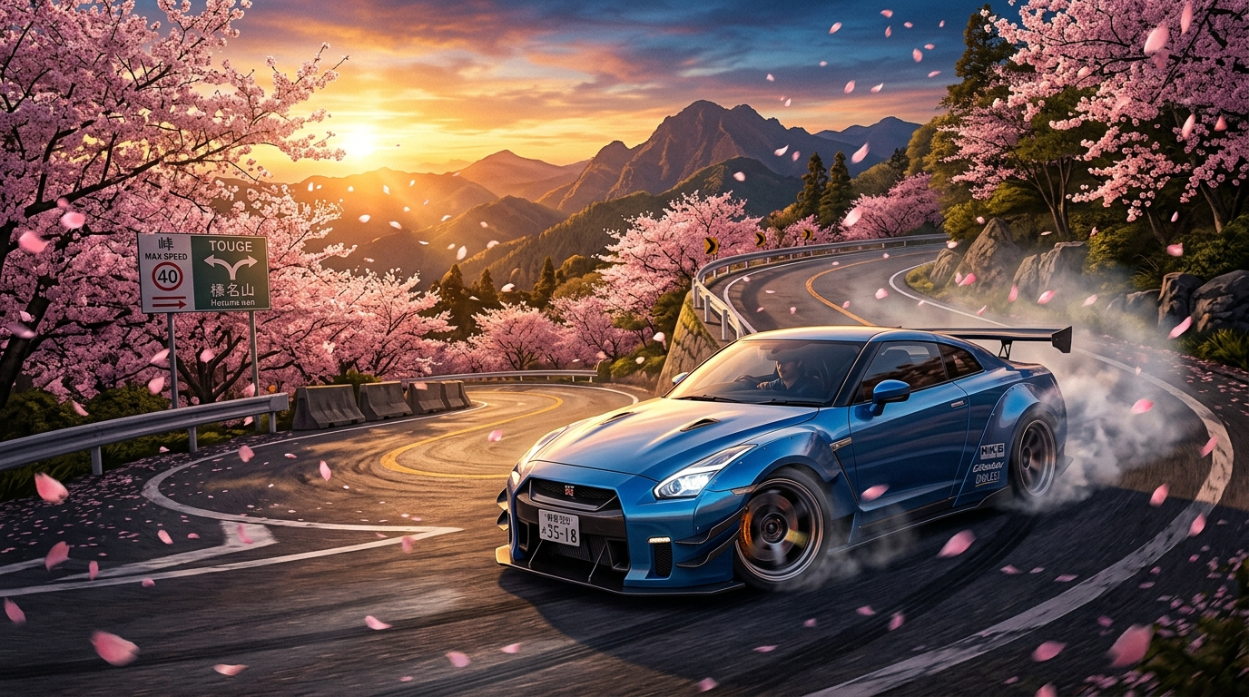 桜並木の峠道をドリフトする青いGT-R、夕景