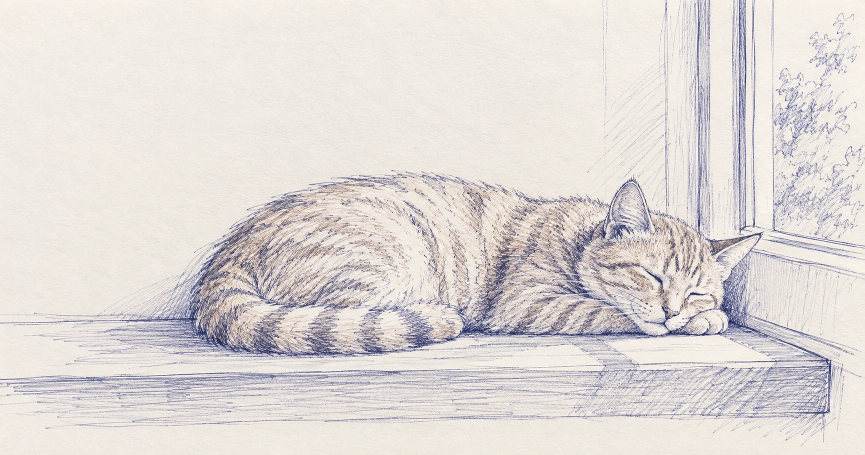 青いボールペンの細い線を重ね、窓辺で眠る猫をスケッチしたような画像