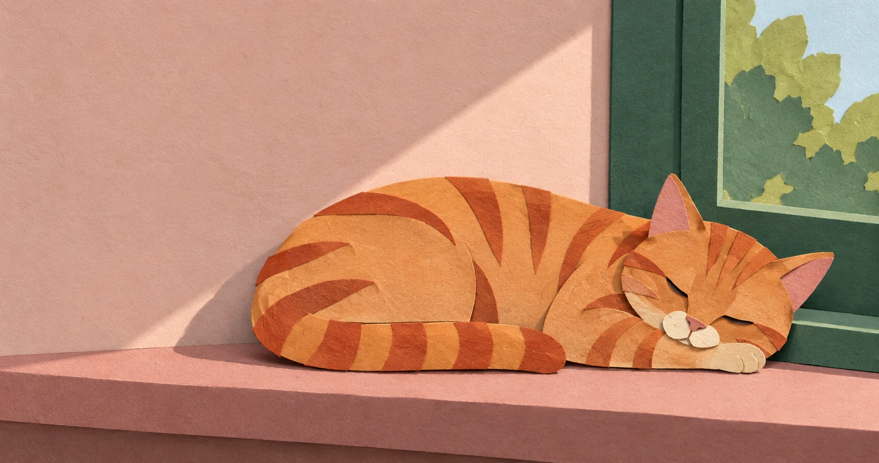 オレンジ色の紙を重ねて茶トラを形作り、ピンクの窓台と緑の窓枠を配した切り絵風画像