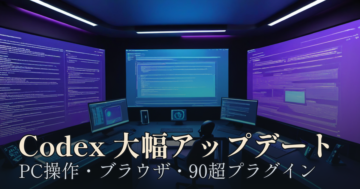 Featured image of post OpenAI Codex 大幅アップデート ─ PC操作の代行、アプリ内ブラウザ、90超のプラグインで「コーディング以外」もカバー