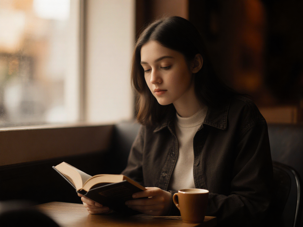 カフェで読書する女性 — 窓光の柔らかさが際立つ
