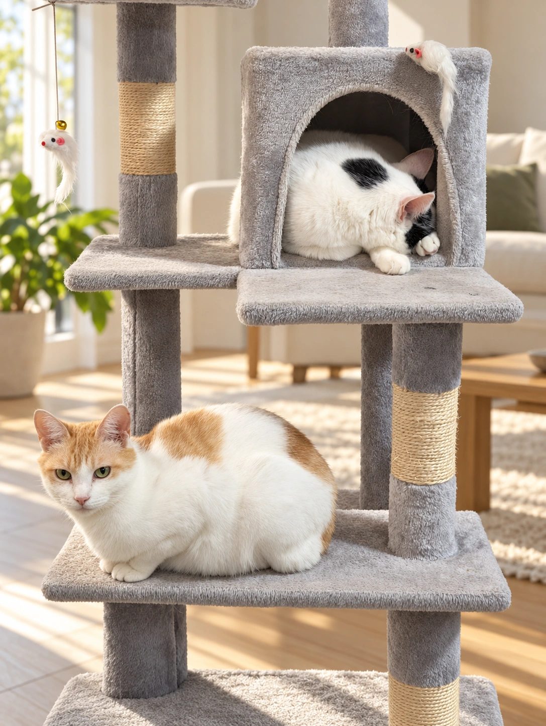 キャットタワーの上の箱で眠る白黒のサスケと、下の段でこちらを見る茶白のチャコ（背景・細部をAIで加工）