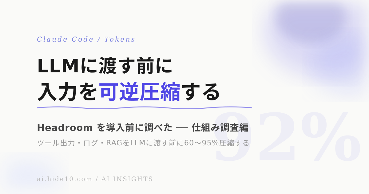 Featured image of post AIエージェントの入力を可逆圧縮する Headroom を調べた ── 導入前の仕組み調査編