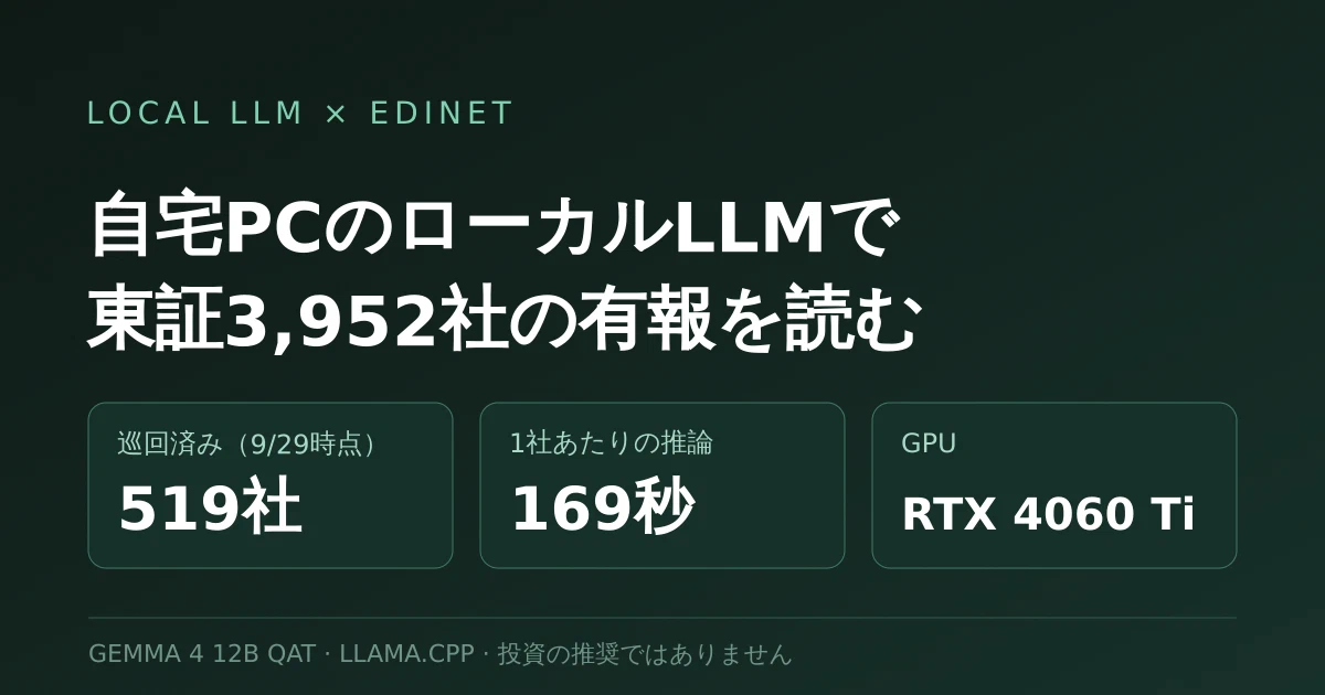 Featured image of post 自宅PCのローカルLLMで東証全銘柄の有報を読む ── 再現できる手順と途中経過