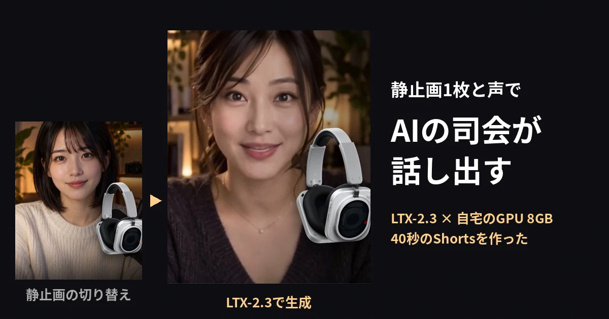 Featured image of post 静止画1枚と声で、AIの司会が話し出す。LTX-2.3を自宅のGPU 8GBで回してShortsを作った
