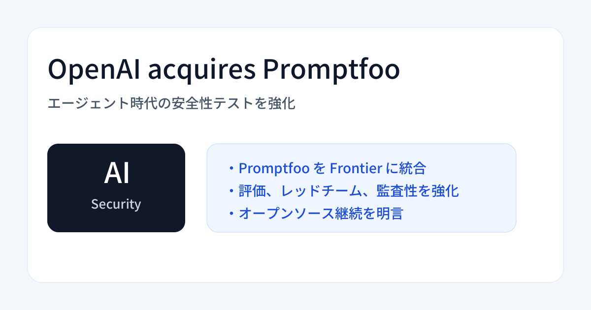 Featured image of post OpenAIがPromptfooを買収へ。エージェント時代は『安全性テスト』が主戦場になってきた