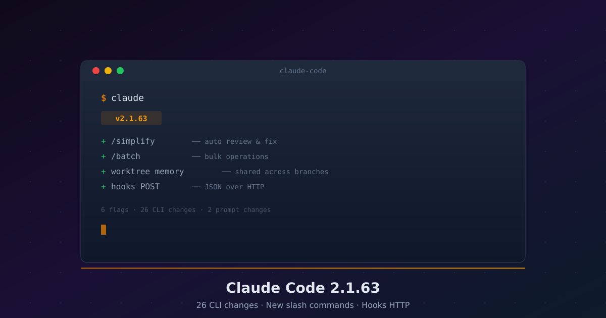Featured image of post Claude Code 2.1.63リリース ── /simplify・/batch・Hooks HTTP対応など26のCLI変更